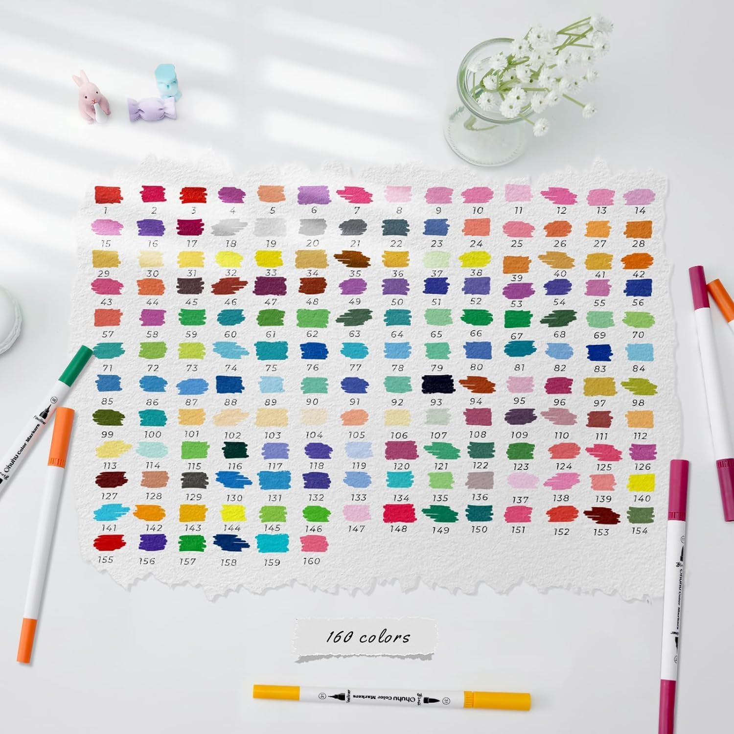 Ohuhu Colouring Pens: 160 Colours Colouring Markers with Dual Tips Fine & Brush Pens Water-Based Art Markers for Kids and Adults Drawing Sketching