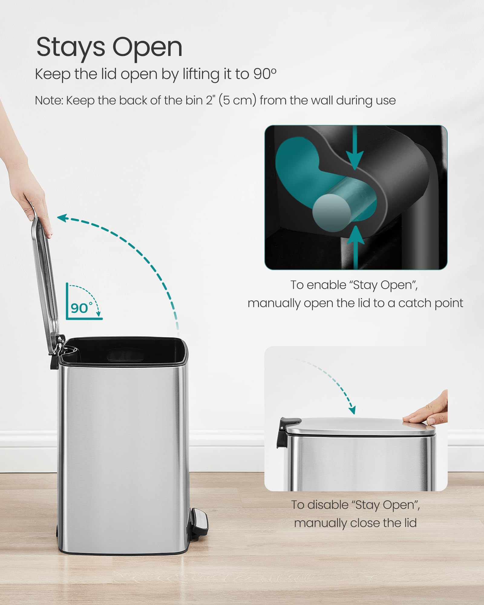 SONGMICS Kitchen Bin, 8-Gallon (30 L) Trash Bin, Steel Pedal Bin, with Inner Bucket, Soft Close and Stays Open, Metallic Silver LTB593E01