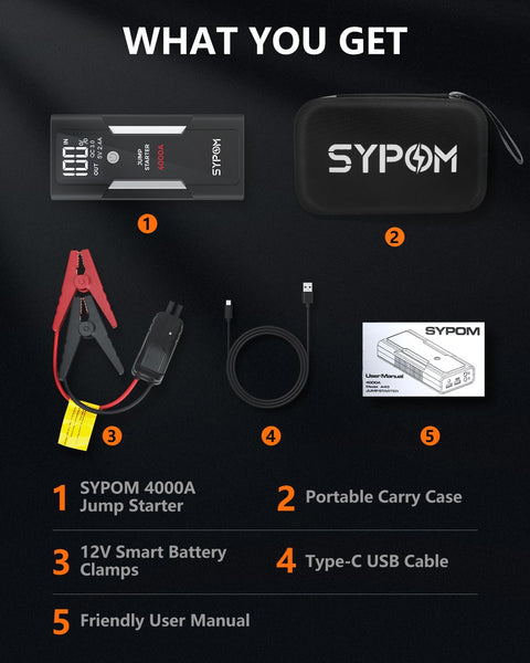 SYPOM Jump Starter, 4000A Peak Car Battery Jump Starter (for All Gas or Up to 10L Diesel), Portable Car Starter Battery Pack with Extended Smart Jumper Cables,12V Auto Jump Box with LED Light