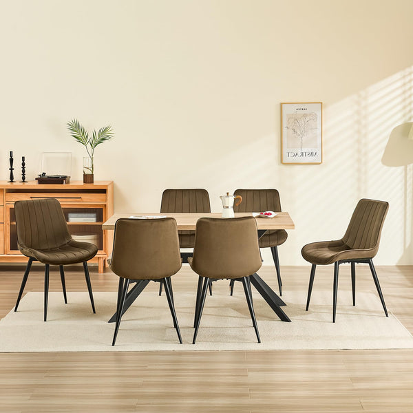 LONGTOO Set of 6 Dining Chairs with Velvet Upholstered Seat & Backrest,Stable Metal Legs,Modern Stripe Design,Champagne