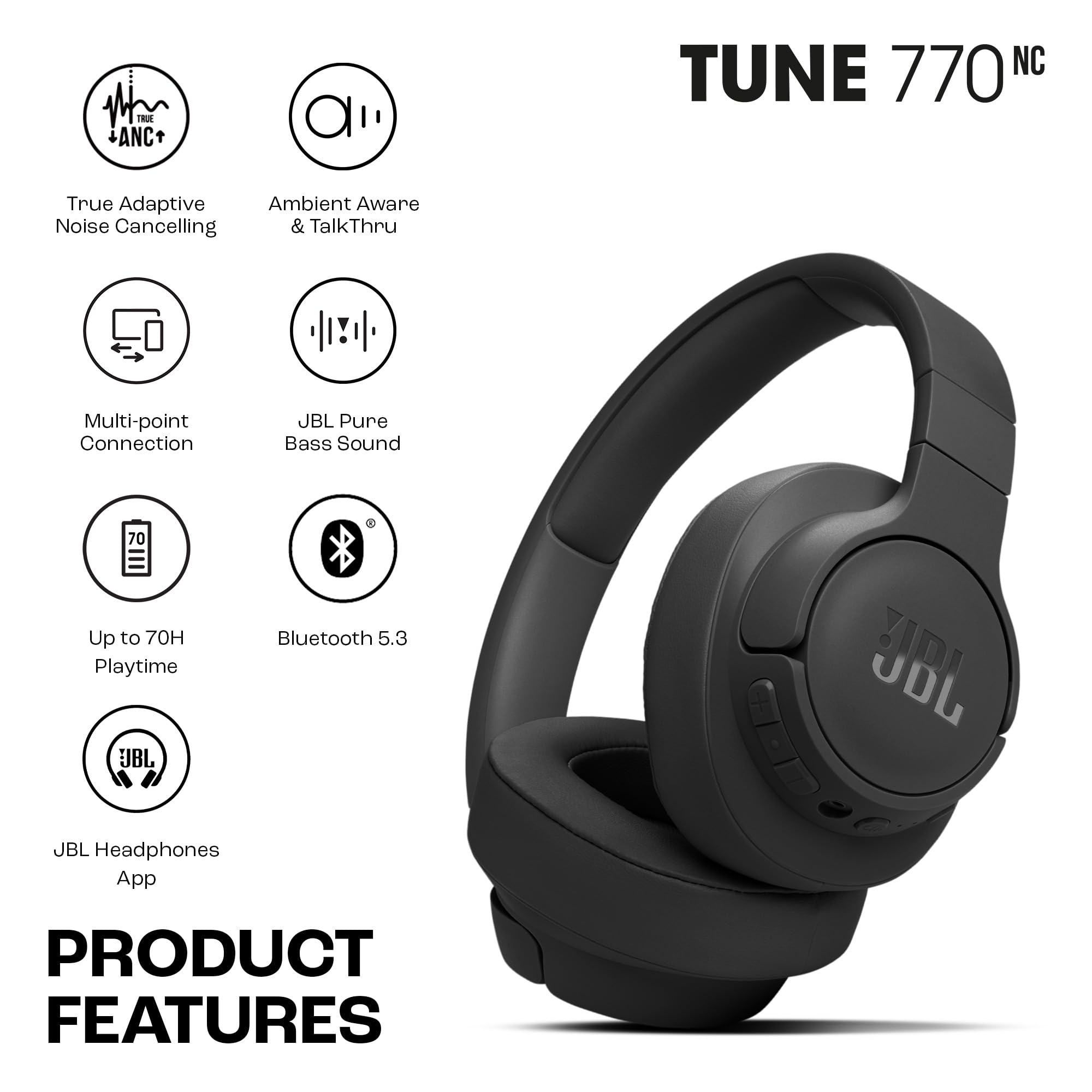 JBL Tune 770 NC Wireless Over-Ear Bluetooth Headphones with Adaptive Noise-Cancelling Technology and 70-Hour Battery Life, Blue