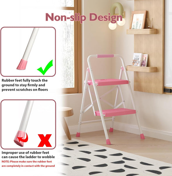 BONTEC 4 Step Ladder Folding, Heavy Duty Foldable Step Stool with Wide Anti-Slip Pedals, Sponge Handrail and Tool Tray, Portable Household Ladder 150kg Capacity, Compact Collapsible Indoor Ladder