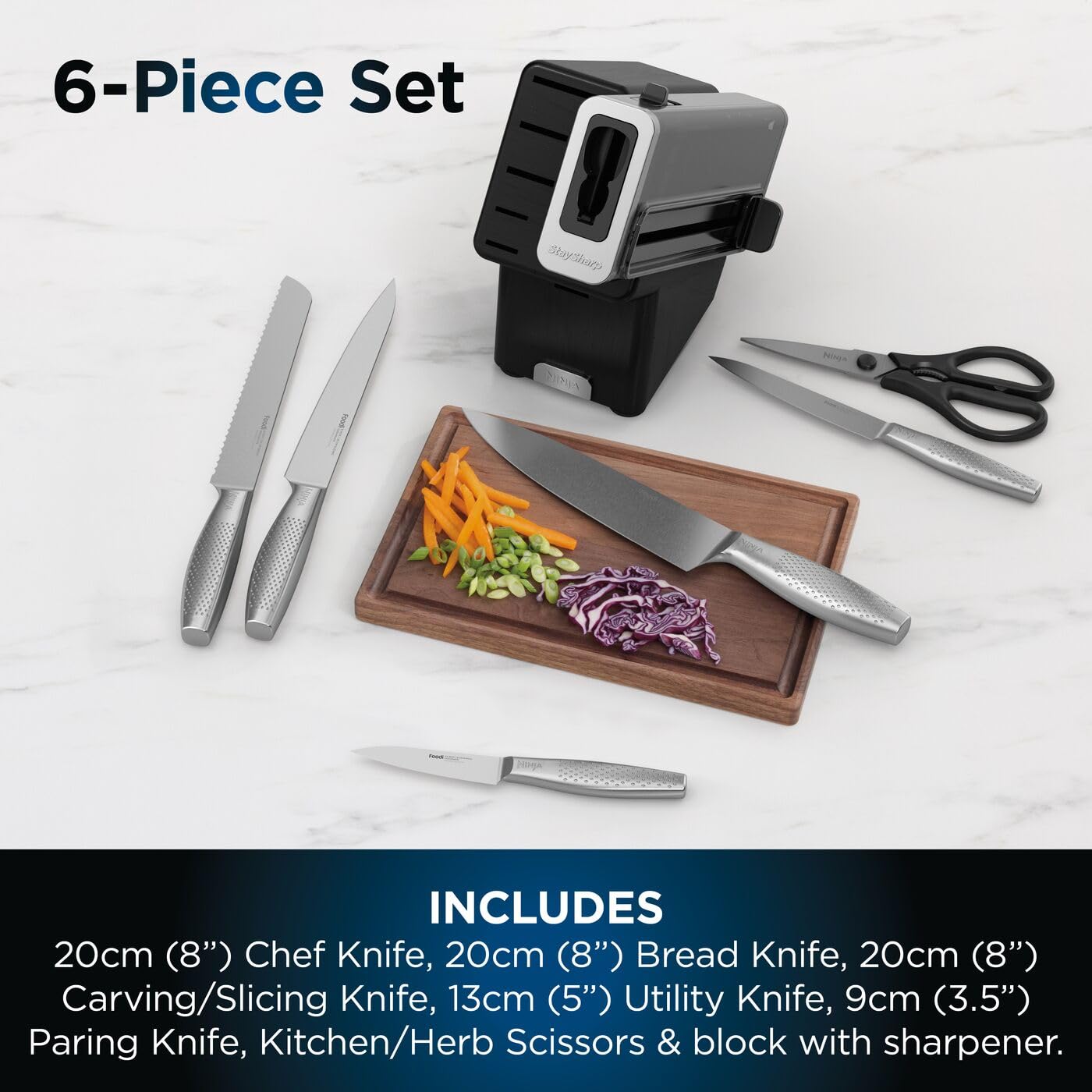 Ninja Foodi StaySharp Knife Block with Integrated Sharpener, 5-Piece Knife Set includes Chef, Bread, Slicing, Utility, Paring Knives, Stainless Steel K32005UK, Black