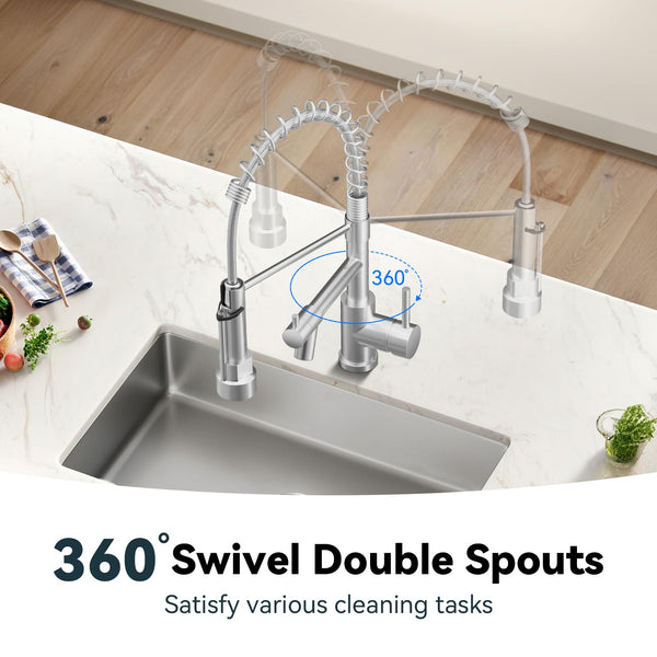 Warmiehomy 5 Modes Kitchen Taps Mixer with Pull Out Spray,High Arc 360° Swivel Dual Spout Pull Down Stainless Steel Kitchen Sink Taps,Brushed Nickel