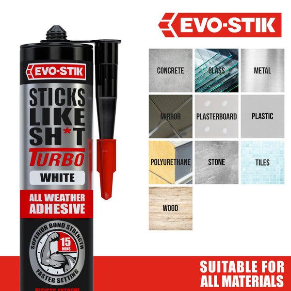 EVO-STIK Sticks Like Sh*t Turbo Adhesive, All Weather, Fast Setting, Extreme Temperature & Movement Resistant, White, 290ml