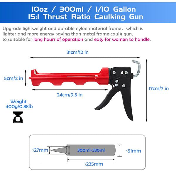 iLitLuk Drip-Free Caulking Gun Ratchet Rod Caulk Gun Applicator 15:1 Thrust Ratio Labor-Saving Lightweight Nylon Frame Cartridge Gun for 10oz/300ml Standard Caulk Tubes with Silicone Finishing Tools
