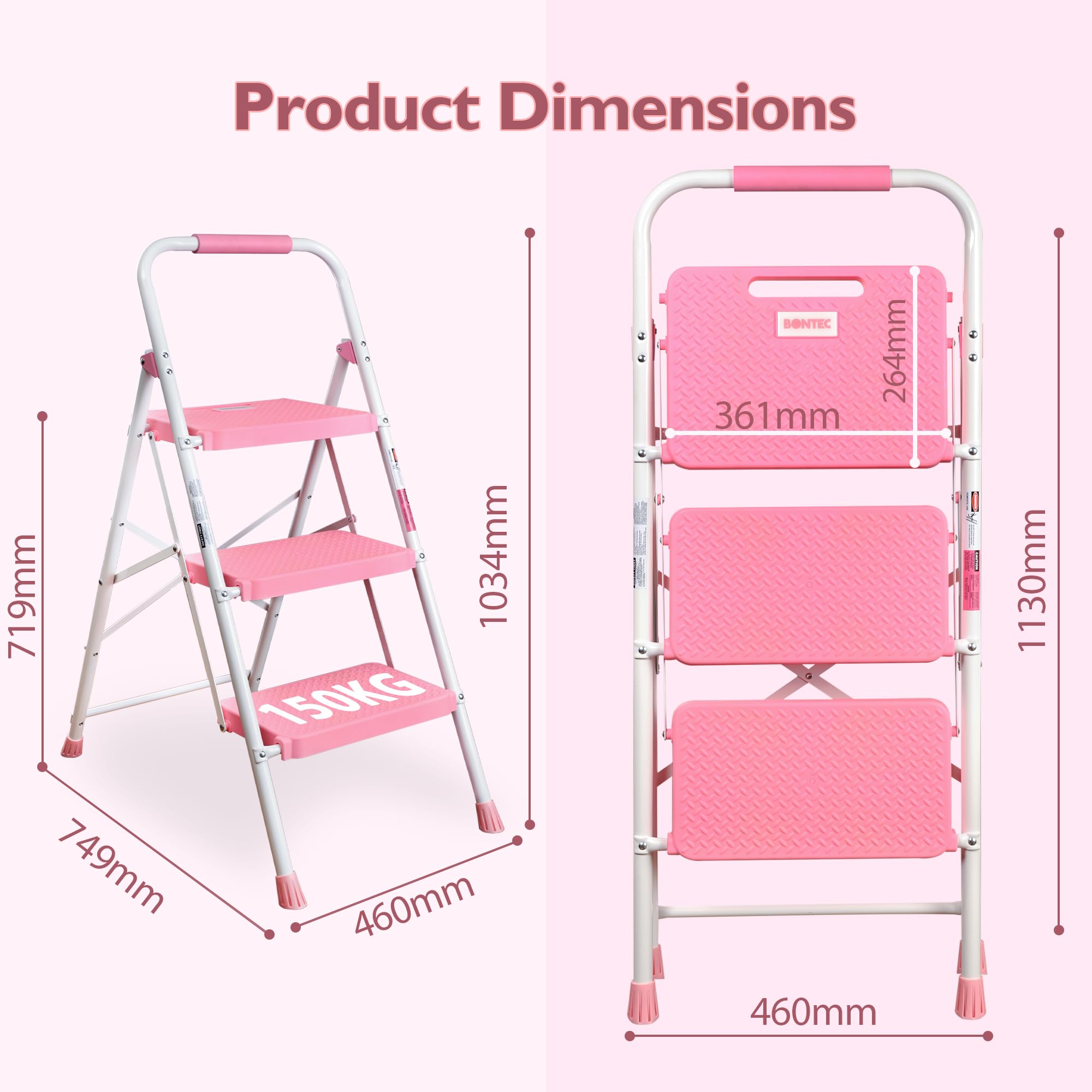 BONTEC 4 Step Ladder Folding, Heavy Duty Foldable Step Stool with Wide Anti-Slip Pedals, Sponge Handrail and Tool Tray, Portable Household Ladder 150kg Capacity, Compact Collapsible Indoor Ladder
