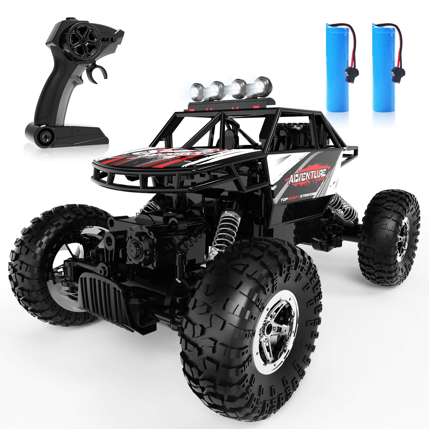 DEERC RC Cars Remote Control Car 1:14 Off Road Monster Truck,Metal Shell 4WD Dual Motors LED Headlight Rock Crawler,2.4Ghz All Terrain Hobby Truck with 2 Batteries for 90 Min Play,Boy Adult Gifts