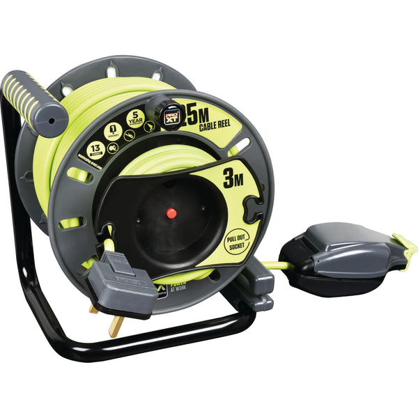 Masterplug Pro-XT Four Socket Open Cable Reel Extension Lead with Winding Handle, Thermal Cut Out and Power Switch, 25 Metres High Visibility Cable , Green