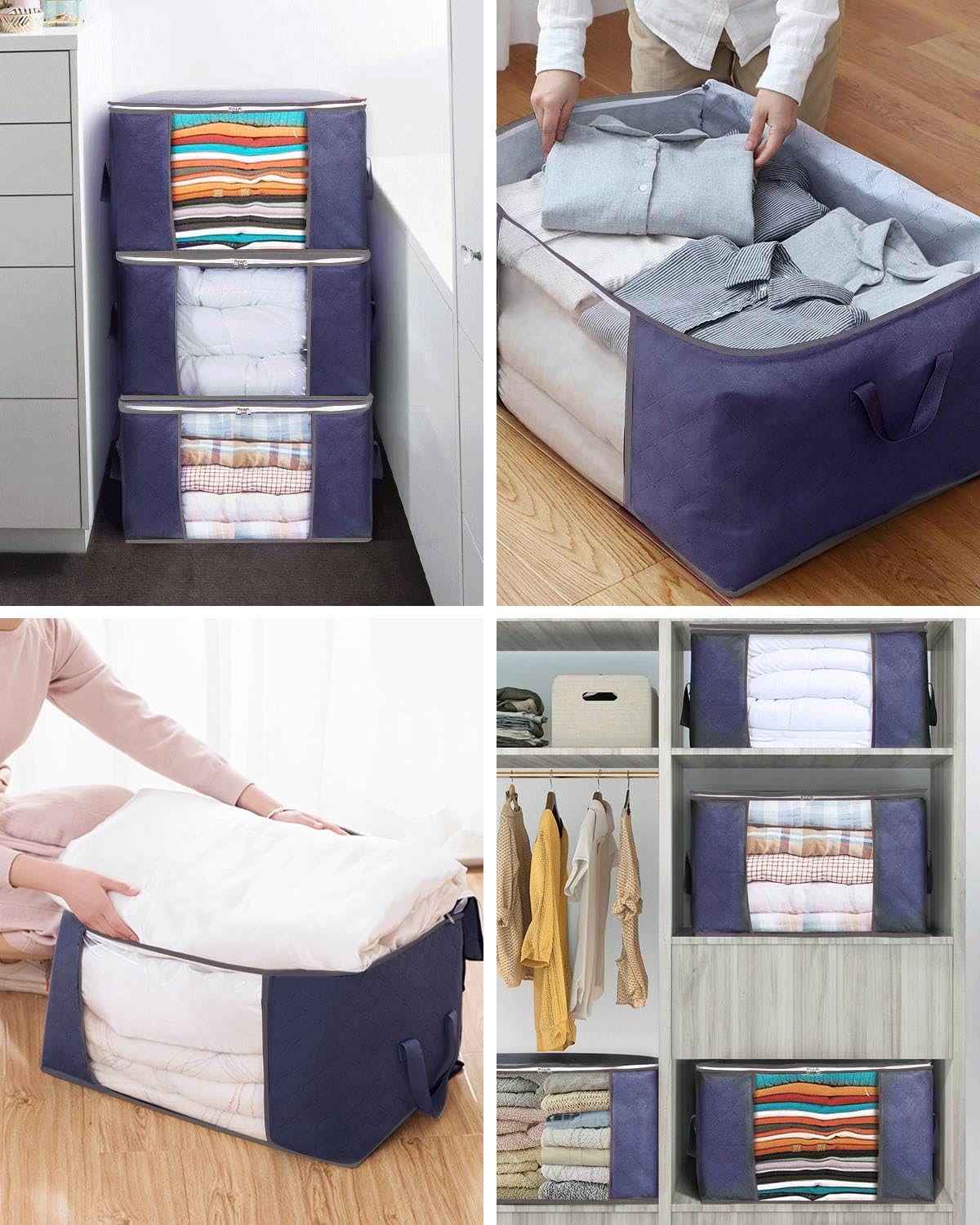 KALAHOL 90L Large Capacity Clothes Storage Bags with Zips, Storage Boxes with Lids, Reinforced Handle, Foldable, Thick Fabric, for Comforters, Clothes, Blankets, Bedding, 4 Pack, Dark Grey