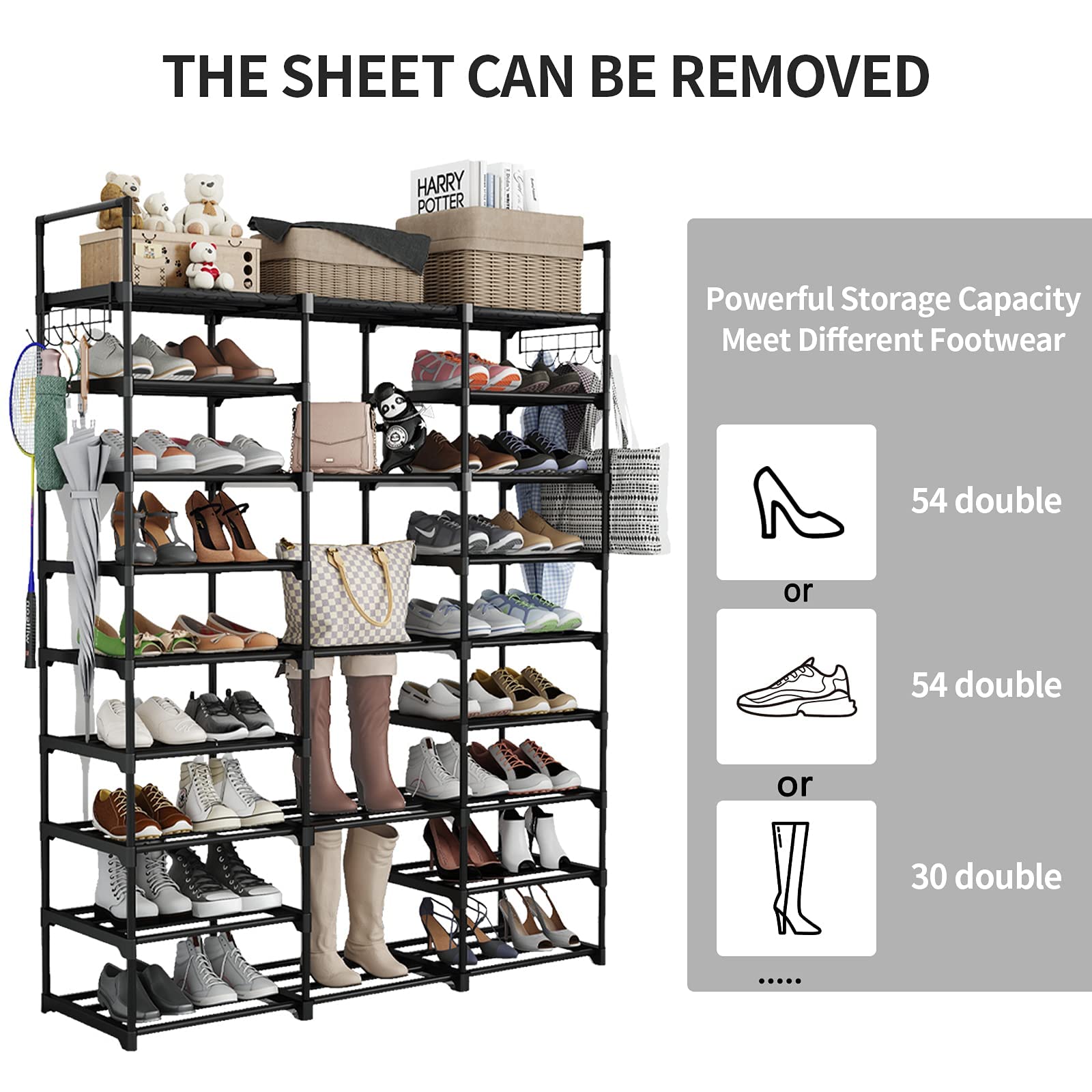 Finew Shoe Rack 9 Tier 3 Row, Metal Shoes Storage Organiser Shelf, Holds 50-55 Pairs Shoe Boots, Stackable Stand Shoe Cabinet with Hooks, Tall Shoe