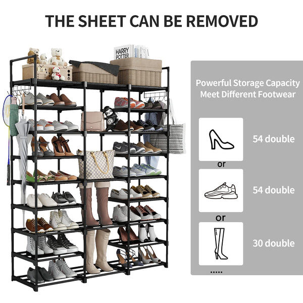 Finew Shoe Rack 9 Tier 3 Row, Metal Shoes Storage Organiser Shelf, Holds 50-55 Pairs Shoe Boots, Stackable Stand Shoe Cabinet with Hooks, Tall Shoe