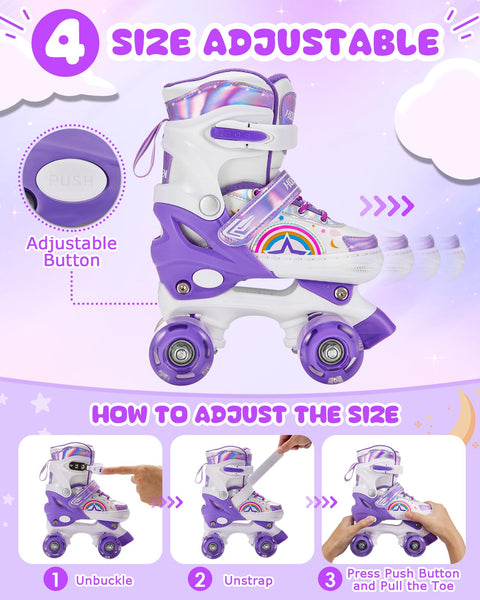 Hozzen Girls Roller Skates for Kids - 4 Size Adjustable Light Up Quad Skates for Girls - Rainbow Purple Shiny Illuminating Children Roller Skates for