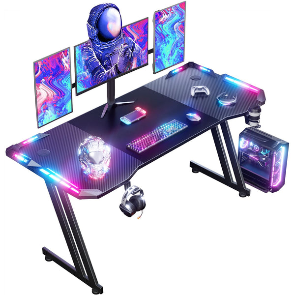 DLONGONE 160 x 60cm RGB Gaming Desk, Large Gaming Table for Laptop, Home Office Desk with Carbon Fiber Coated, Gaming PC Desk with Headphone Hook and