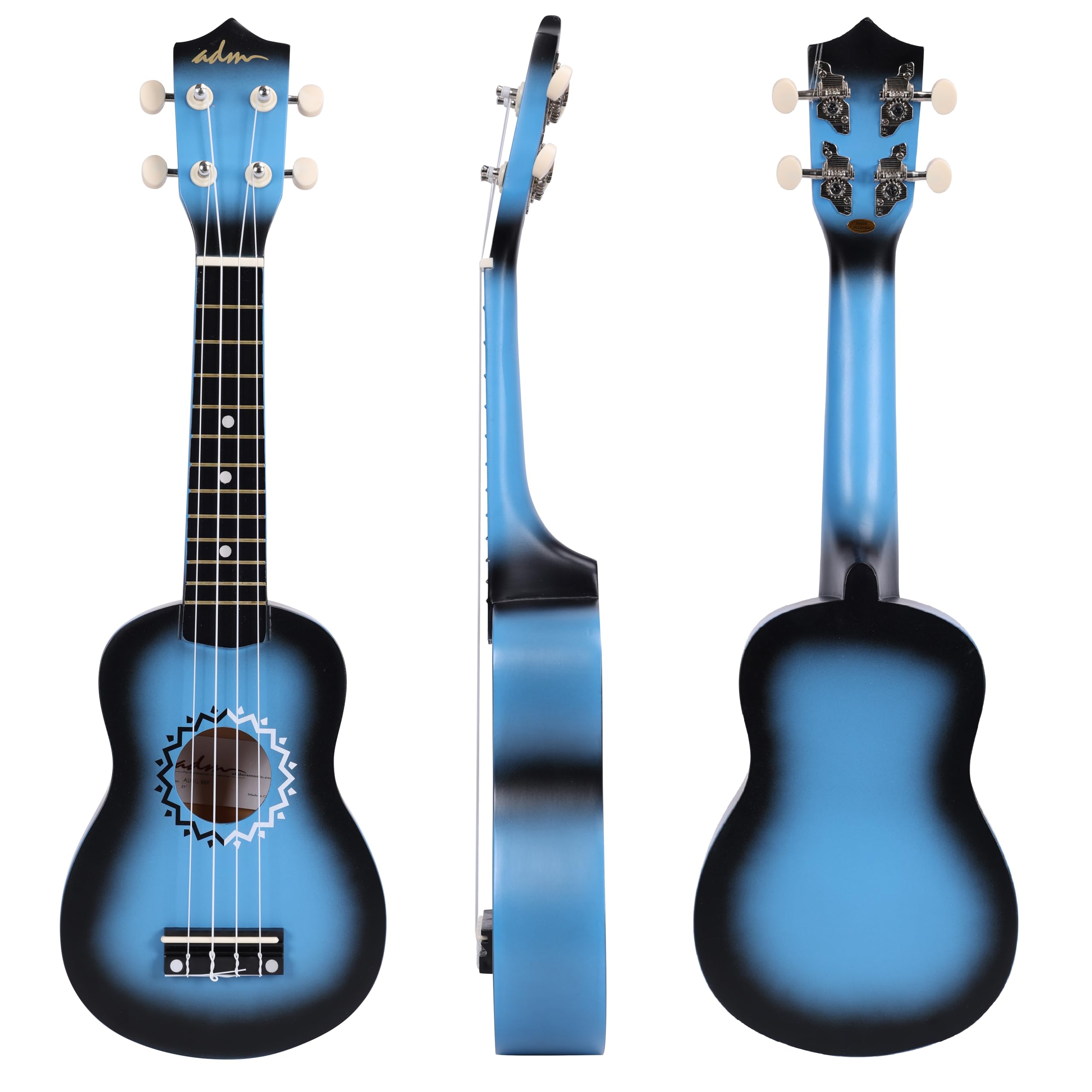 ADM Soprano Ukulele Set for Kids and Beginners, Ukulele Starter Kit with Bag, Clip-On Tuner, Rainbow Strings, Colourful Strap, Plectrum, Fingerboard Sticker, Chord Card (Dark Blue)