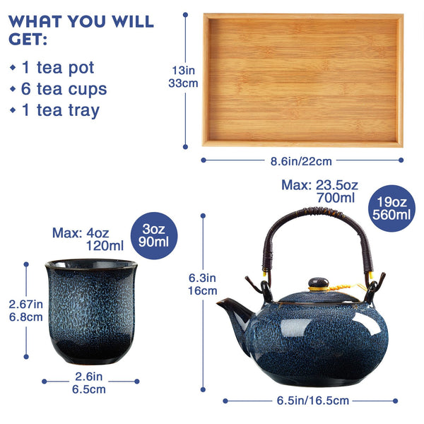 DUJUST Japanese Tea Set for 6, Kiln Altered Glaze Porcelain, Unique Blue, 23.5oz Teapot with 6 Cups & Bamboo Tray, Retro & Elegant, Heat-Proof Handle,