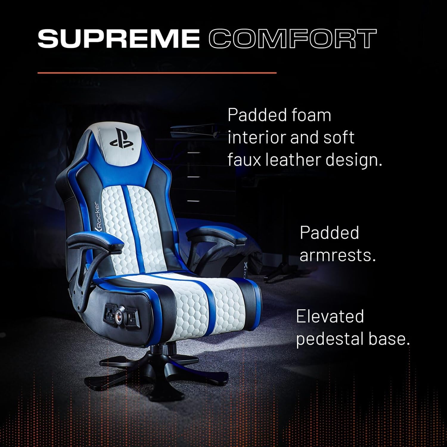 X ROCKER Playstation Legend 2.1 Audio Gaming Chair with Speakers, Wireless Bluetooth Audio Console Gaming Seat, Sound activated Vibration, Official Playstation for PS5 PS4 PC Mobile - WHITE BLUE BLACK