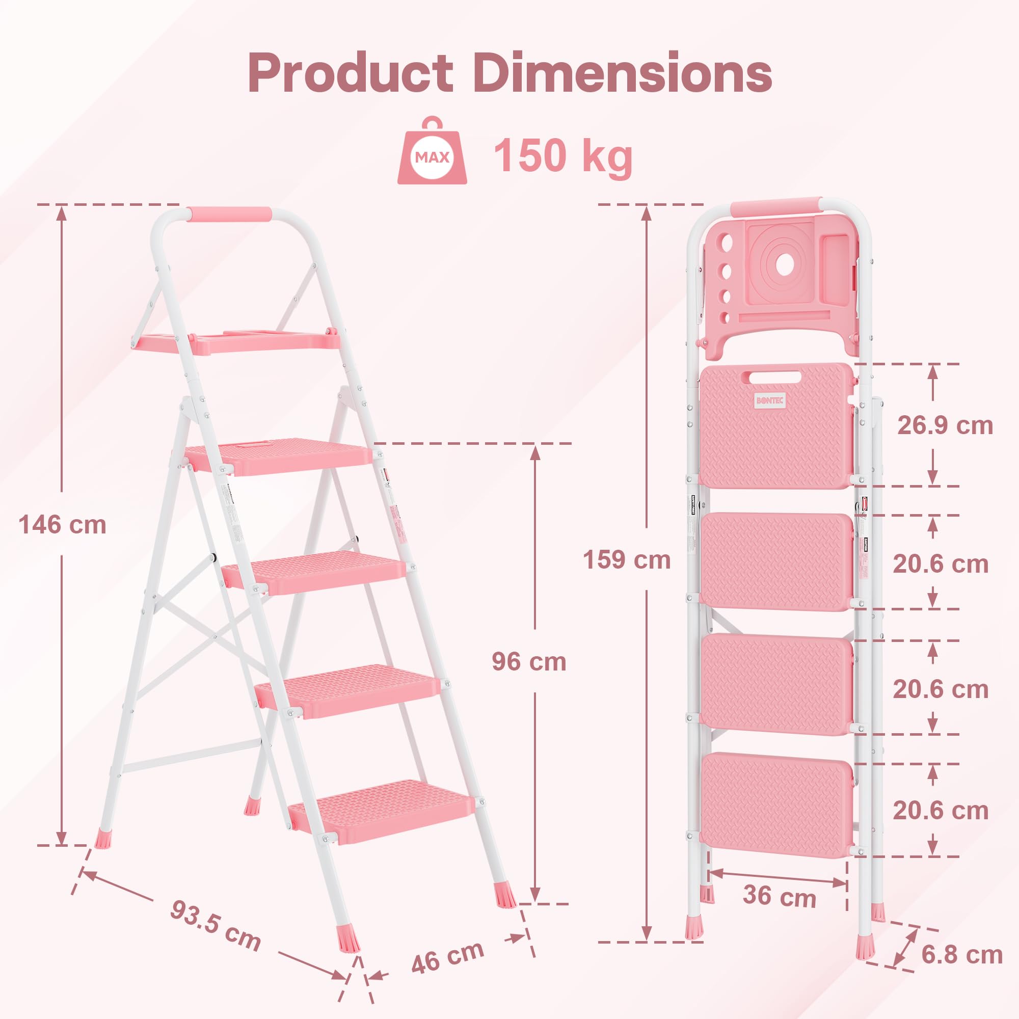 BONTEC 2 Step Ladder, Capacity 150KG with Wide Anti-Slip Pedals, Folding Steel Step Stool, Sponge Handlebar, Lightweight Portable Ladder Suitable for Home, Kitchen, Pantry, Indoor/Outdoor Use, Black