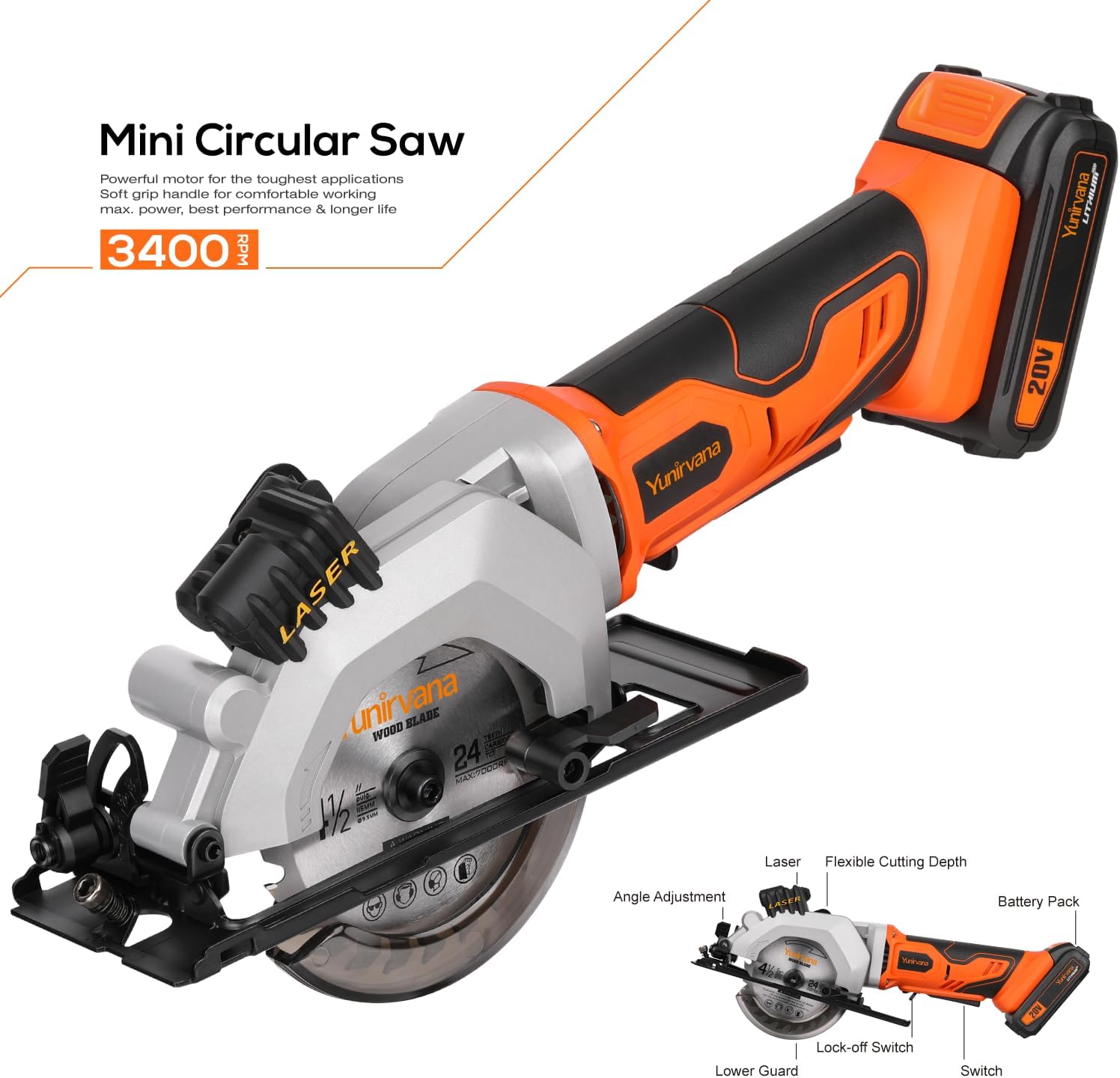 Yunirvana Mini Circular Saw, 20V 3400RPM Professional Cordless Circular Saw, Adjustable Angle and Depth,Max Cutting Depth 42.8mm (90°), 28mm(45°),Laser Guide,Blade 115mm