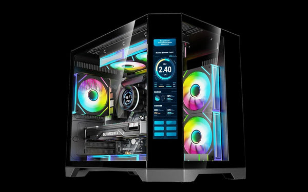 IONZ APEX Vision - PC Gaming Case, M/ATX Mini Tower, Dual Chamber with 6 ARGB PWM Fans - LCD Screen | Supports 240 mm AIO, White