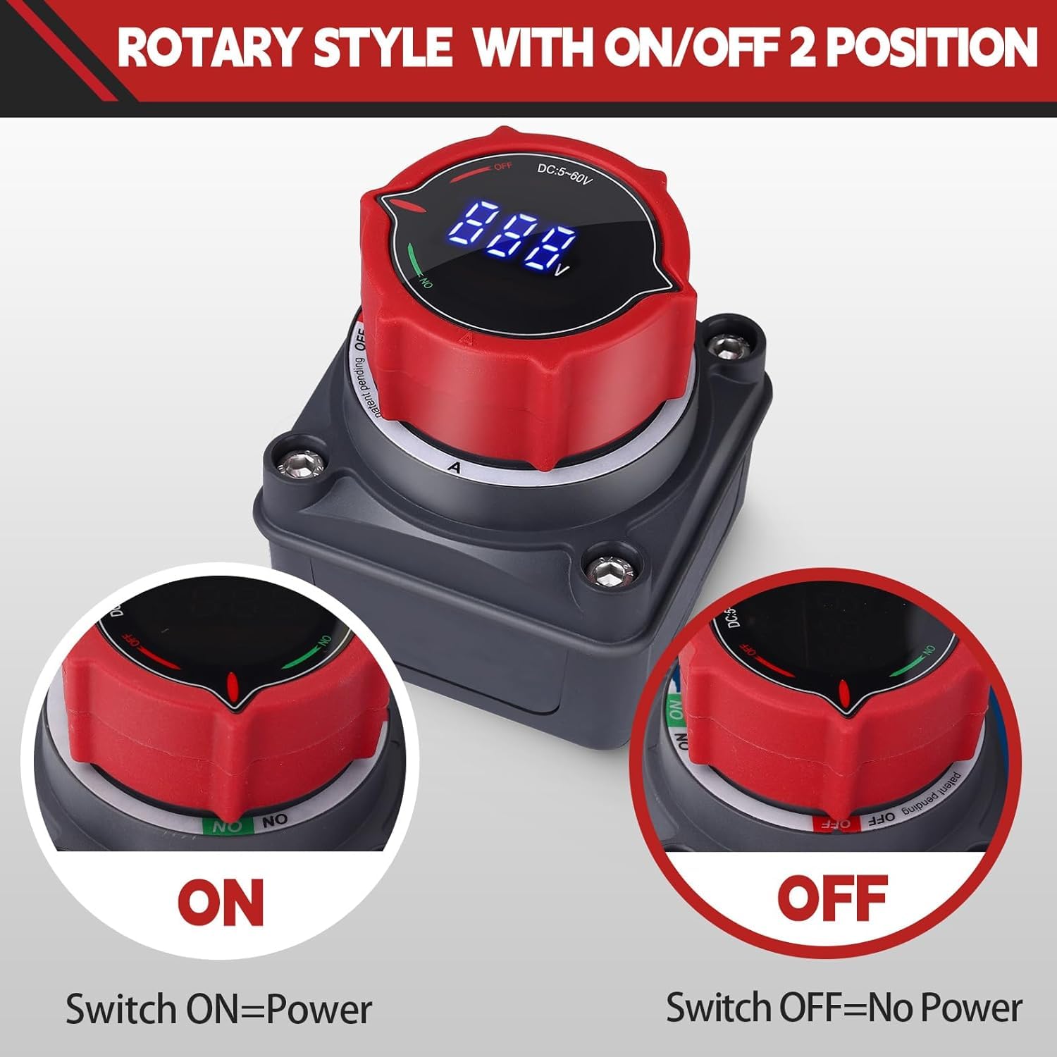 Top Post Battery Isolator Switch with Voltmeter, DC 5-60V Master Isolator On Off Kill Switch Power Cut/Shut Off Switch for Marine Boat RV Car Truck Camper Trailer