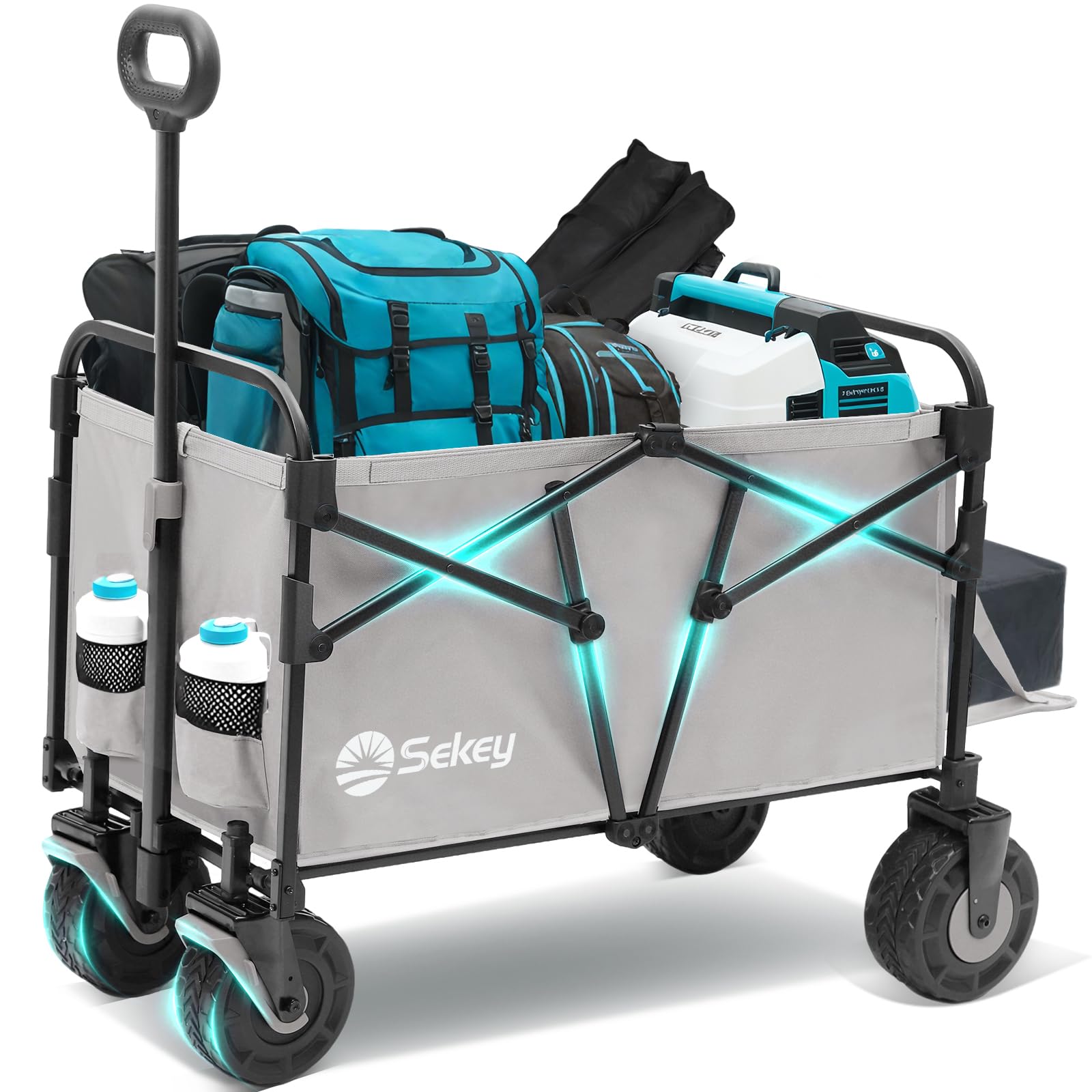 Sekey 332L Folding Festival Trolley with Expandable Tailgate, Patented Design Beach Cart - Diamond Collapsible, Wide All-Terrain Wheels, Brake, 350LB Load Capacity Heavy Duty Wagon for Camping, Black