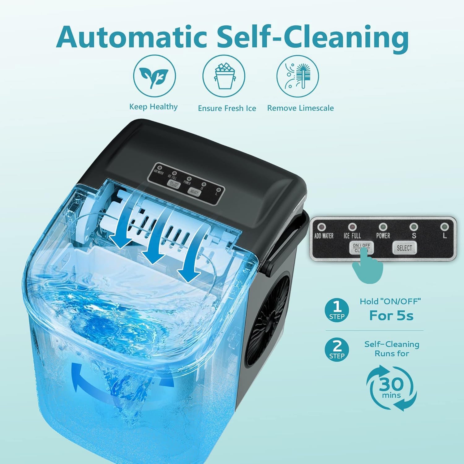 Ice Maker Machine Countertop Ice Cube Maker with Portable Handle, 9 Ice Cubes in 6 Mins, Self-Cleaning Compact Ice Maker 12 kg in 24 Hrs, with Ice Scoop and Basket for Home/Kitchen/Office/Bar