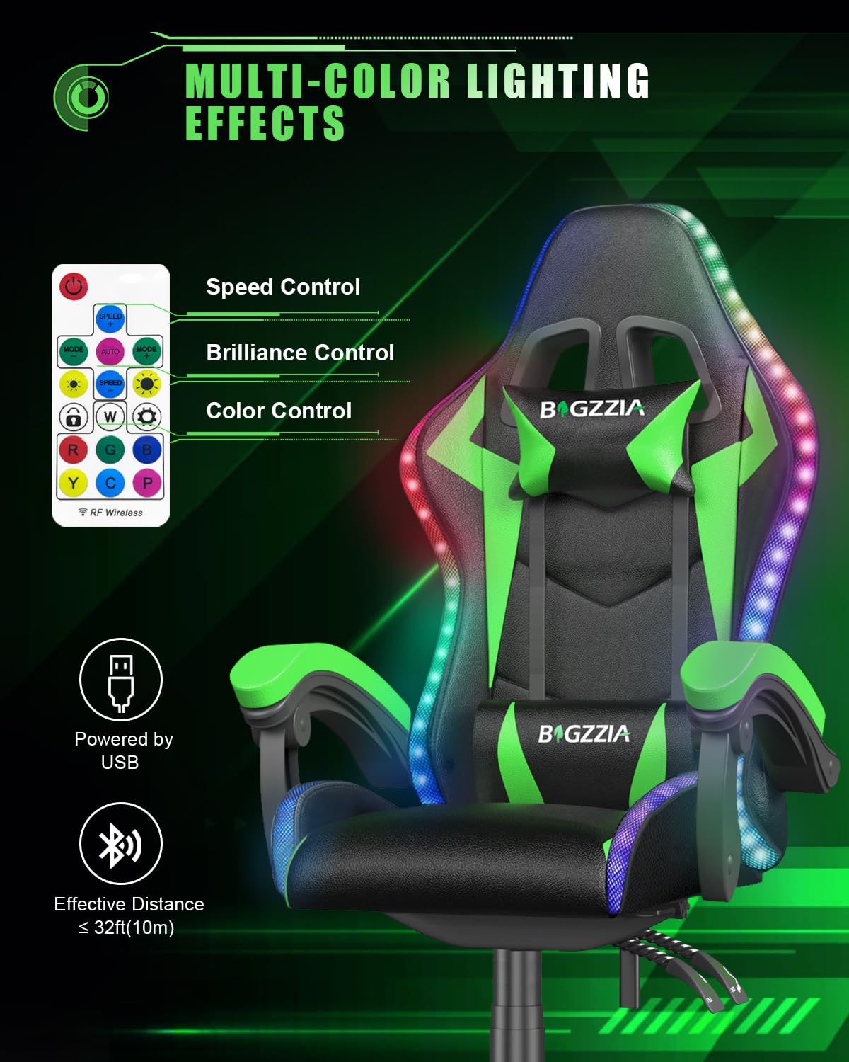 Racingreat Gaming Chair with Led Lights, Video Game Chair, Ergonomic RGB Gaming Chair for Adults, Height Adjustable Reclining Computer Chair with Headrest and Lumbar Support (With RGB, Black)