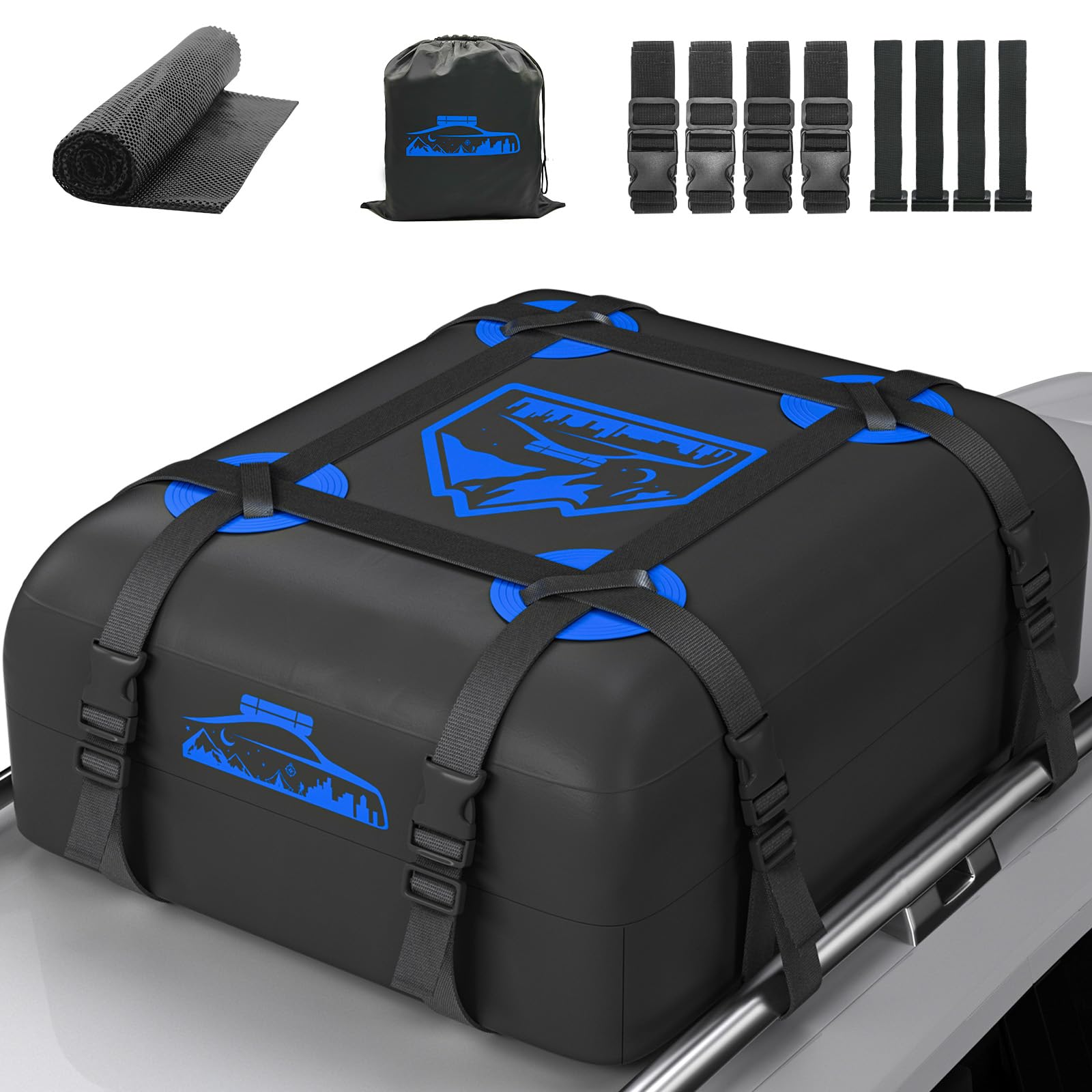 Rymopuey Roof Bag 15 Cubic/425 L, Waterproof Car Roof Bag No Rack Needed, Roof Box with Anti-Slip Mat and 6 Heavy-Duty Straps, Folding Soft Car Roof Box for Cars with/Without Rack (Blue 425 L)