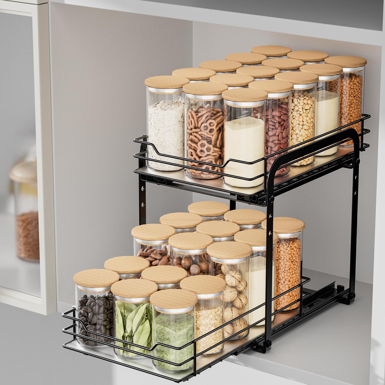 AIRUJIA Pull Out Cabinet Organizer Spice Racks, 2-Tier Spice Rack Height Adjustable, Cupboard Spice Rack, Kitchen Storage Shelf for Inside Cupboard,