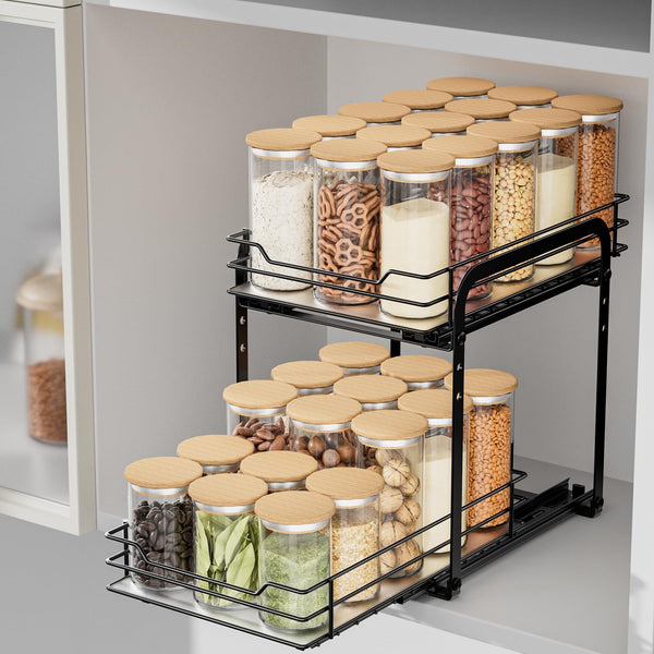 AIRUJIA Pull Out Cabinet Organizer Spice Racks, 2-Tier Spice Rack Height Adjustable, Cupboard Spice Rack, Kitchen Storage Shelf for Inside Cupboard,