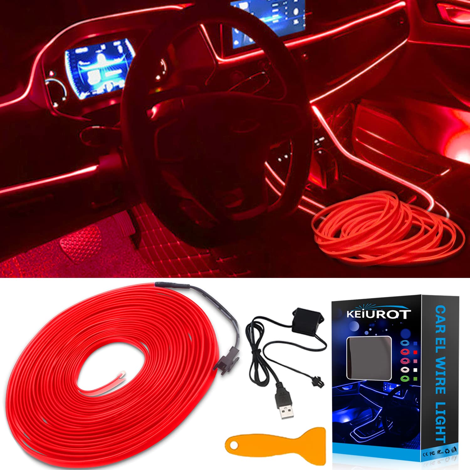 Keiurot El Wire Car Lights Neon Light for Car USB Ice Blue 10M/32Ft Car Ambient Lighting Atmosphere Car Led Interior Strip Light Sewing Edge Decoration Dashboard Lights Strip LED Trim Light