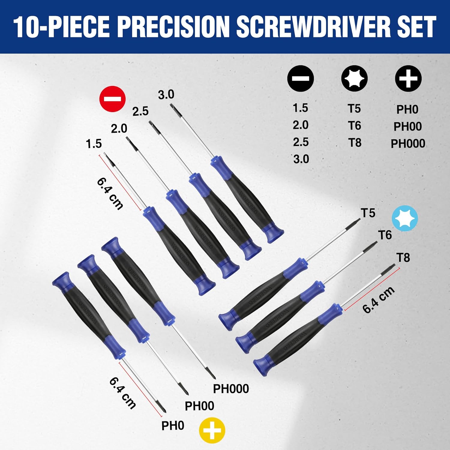 WORKPRO Precision Screwdriver Set 10-Piece, Cr-V Steel Small Screwdrivers Set, with Phillips, Slotted and Torx Tip, Organized in Zip Case, Ideal for Watch, Laptop