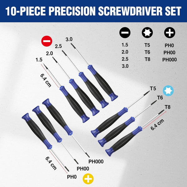 WORKPRO Precision Screwdriver Set 10-Piece, Cr-V Steel Small Screwdrivers Set, with Phillips, Slotted and Torx Tip, Organized in Zip Case, Ideal for Watch, Laptop