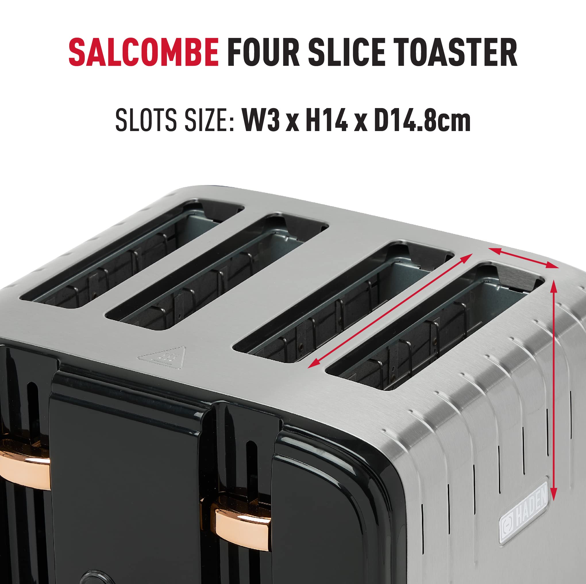 Haden Salcombe Black 4 Slice Toaster - Dual Browning Control, Retro Design, Wide Slot Toaster - Stainless Steel Housing - Self Centring Function -