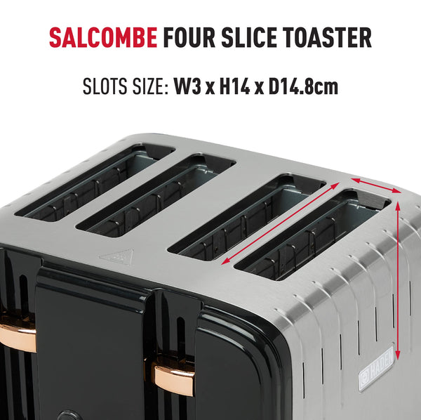 Haden Salcombe Black 4 Slice Toaster - Dual Browning Control, Retro Design, Wide Slot Toaster - Stainless Steel Housing - Self Centring Function -
