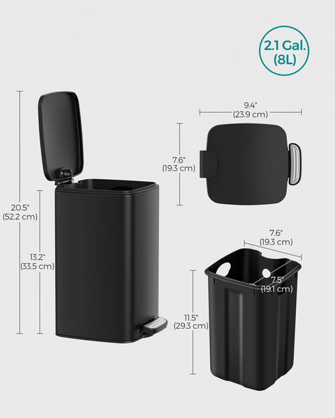 SONGMICS Kitchen Bin, 8-Gallon (30 L) Trash Bin, Steel Pedal Bin, with Inner Bucket, Soft Close and Stays Open, Ink Black LTB593B02