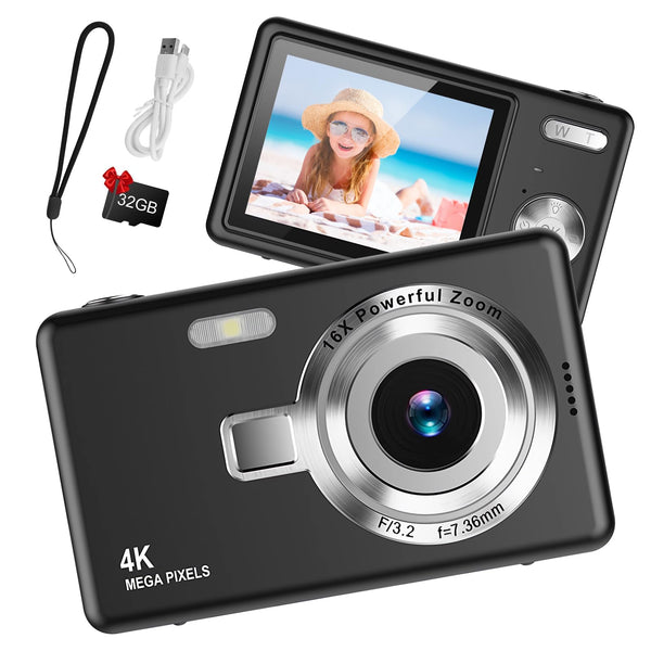Digital Camera 1080P FHD 44MP with 2.4" LCD Screen,16X Digital Zoom, Compact Portable Vlogging Camera with 32gb SD Card for Kids Teen Students Beginner (Silver)