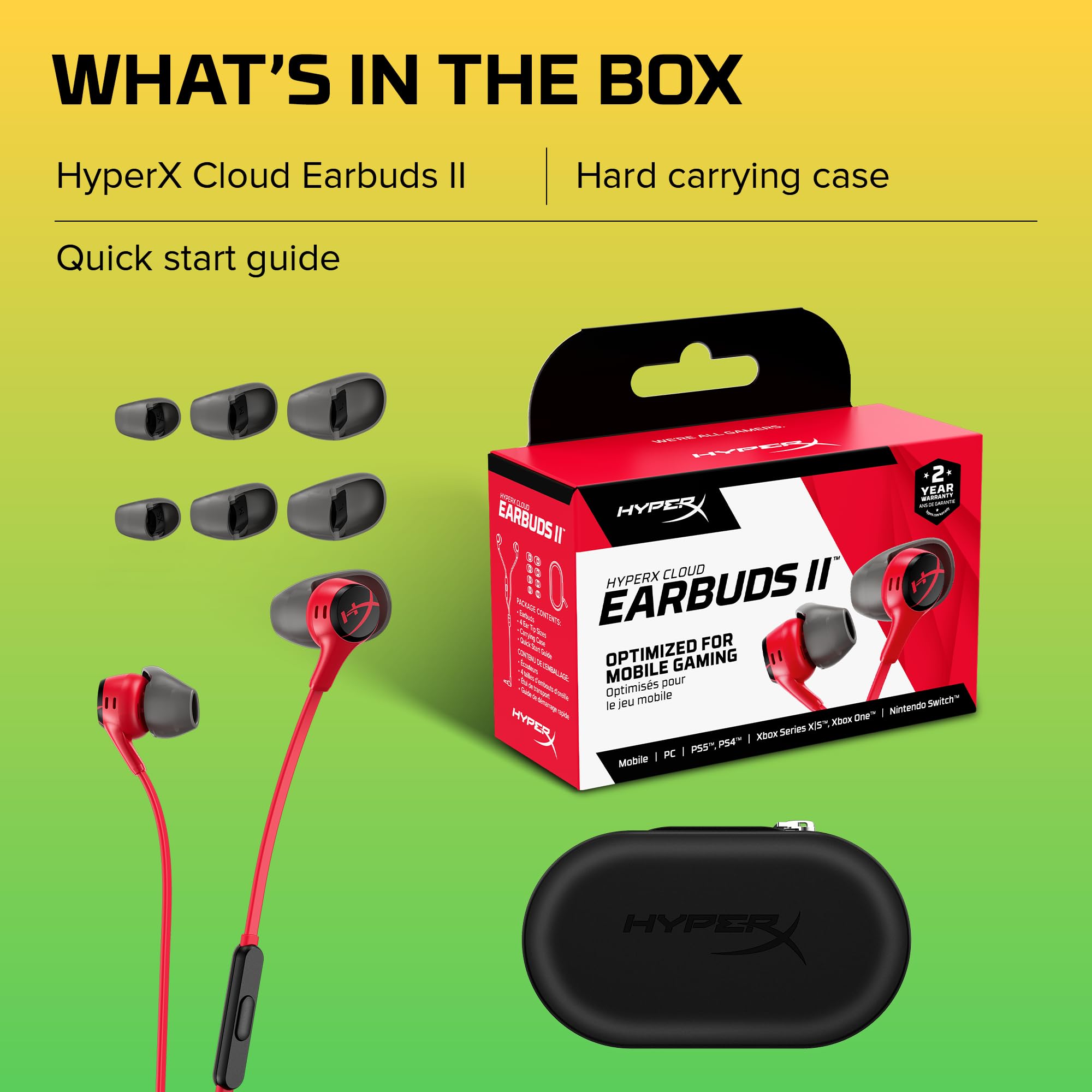 HyperX Cloud Earbuds II - Wired Gaming Earbuds 14mm Driver Built-in Microphone | 4 Ear Plug Sizes | 3.5mm Connector | Hard Case | PC, Console & Mobile Compatibility | Red
