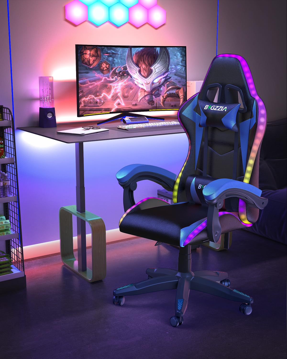 Racingreat Gaming Chair with Led Lights, Video Game Chair, Ergonomic RGB Gaming Chair for Adults, Height Adjustable Reclining Computer Chair with Headrest and Lumbar Support (With RGB, Black)