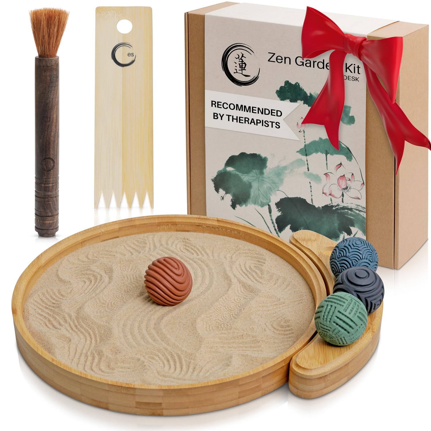ENSO - Japanese Zen Garden Kit for Desk - Sand Garden Tools and Accessories Box Set for Office Desktop - 12? Large Round Bamboo Tray, 4 Stamp Spheres,