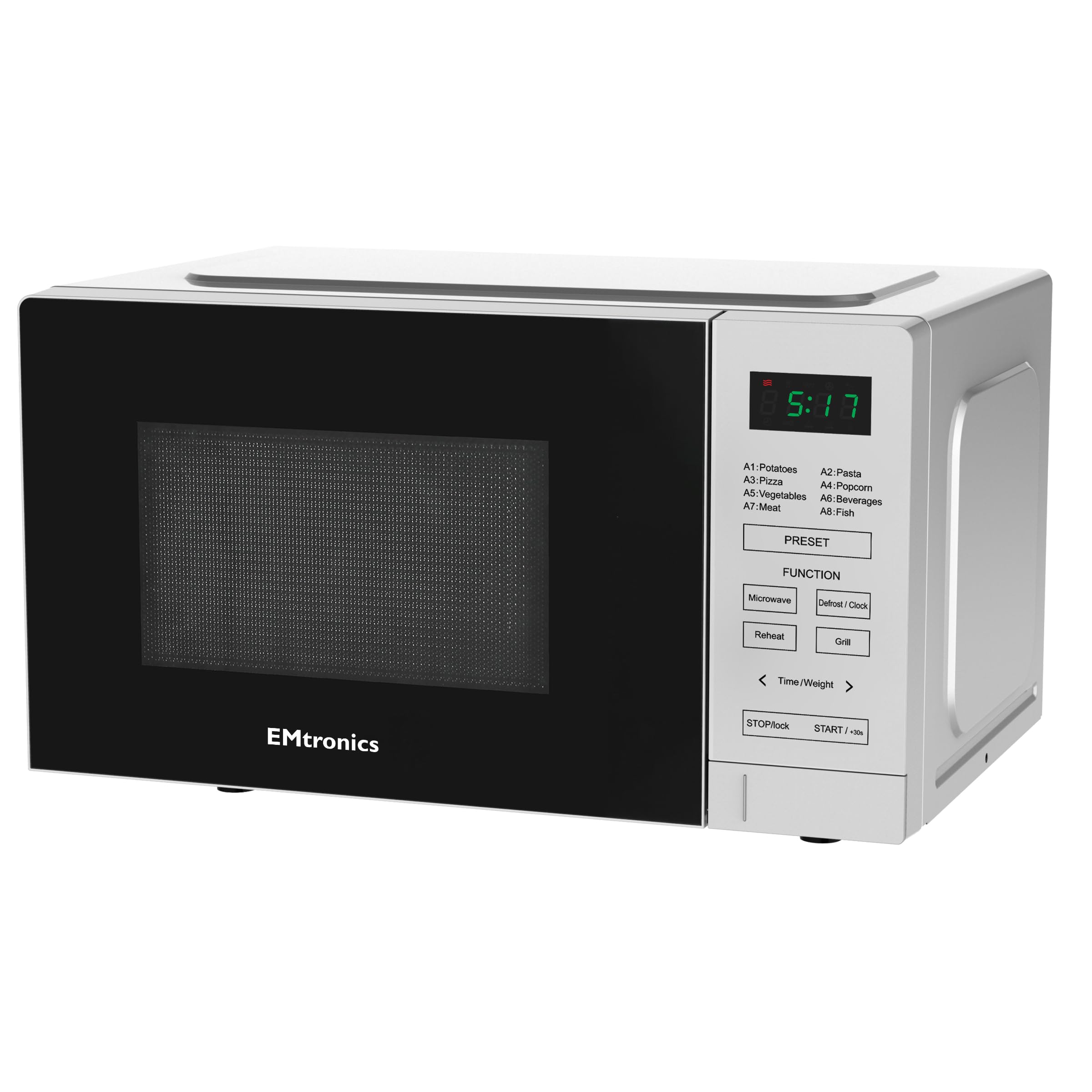 EMtronics 20 Litre 700W Digital Microwave with 800w Grill, 10 Power Levels, 8 Preset Options, Defrost Function and Cavity Light - Silver