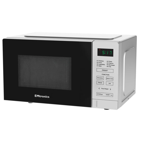 EMtronics 20 Litre 700W Digital Microwave with 800w Grill, 10 Power Levels, 8 Preset Options, Defrost Function and Cavity Light - Silver