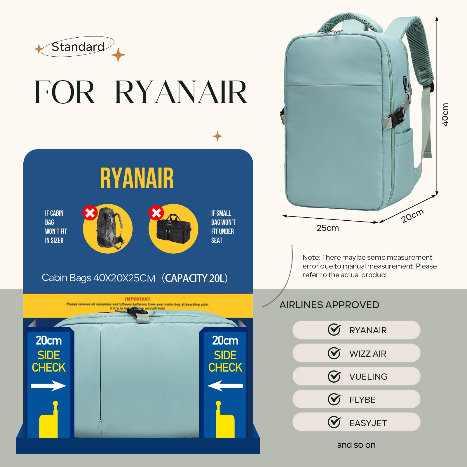 ZHXX for Ryanair Cabin Bags 40x20x25, Hand Luggage Bag, Carry-Ons, Underseat Cabin Bag, Fits 14-Inch Laptop with Anti-Theft Pocket