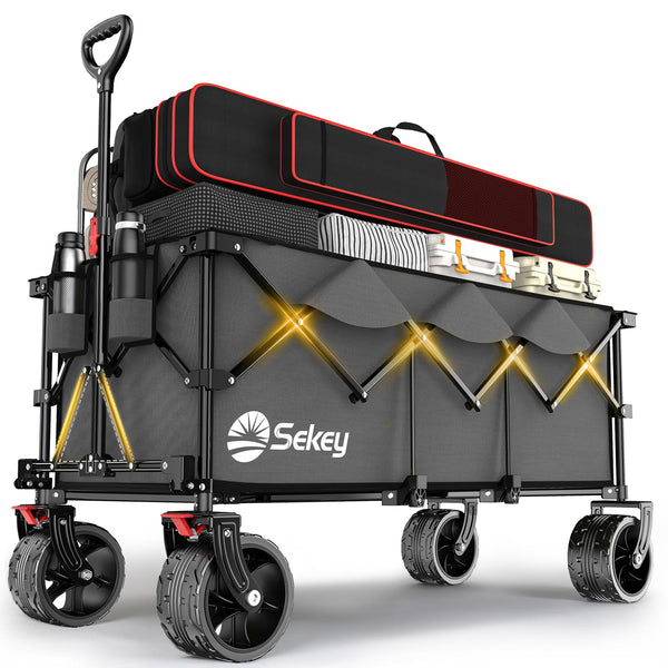Sekey 200L Folding Festival Trolley with All-Terrain Extra Wide Wheels and Brake, Heavy-Duty Cart Loadable up to 150KG, Patented Four-Directional Foldable Design, Wagon for Beach Camping Outdoor, Grey