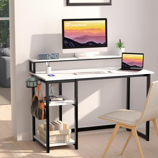 GreenForest Computer Desk with Full Monitor Stand,120 cm Home Office Desk with Reversible Storage Shelves,Small Study Desk with Headphone Hook and Cup
