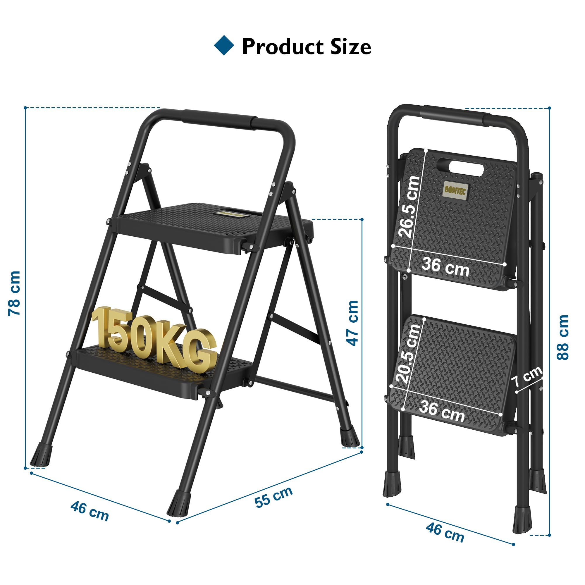 BONTEC 4 Step Ladder Folding, Heavy Duty Foldable Step Stool with Wide Anti-Slip Pedals, Sponge Handrail and Tool Tray, Portable Household Ladder 150kg Capacity, Compact Collapsible Indoor Ladder