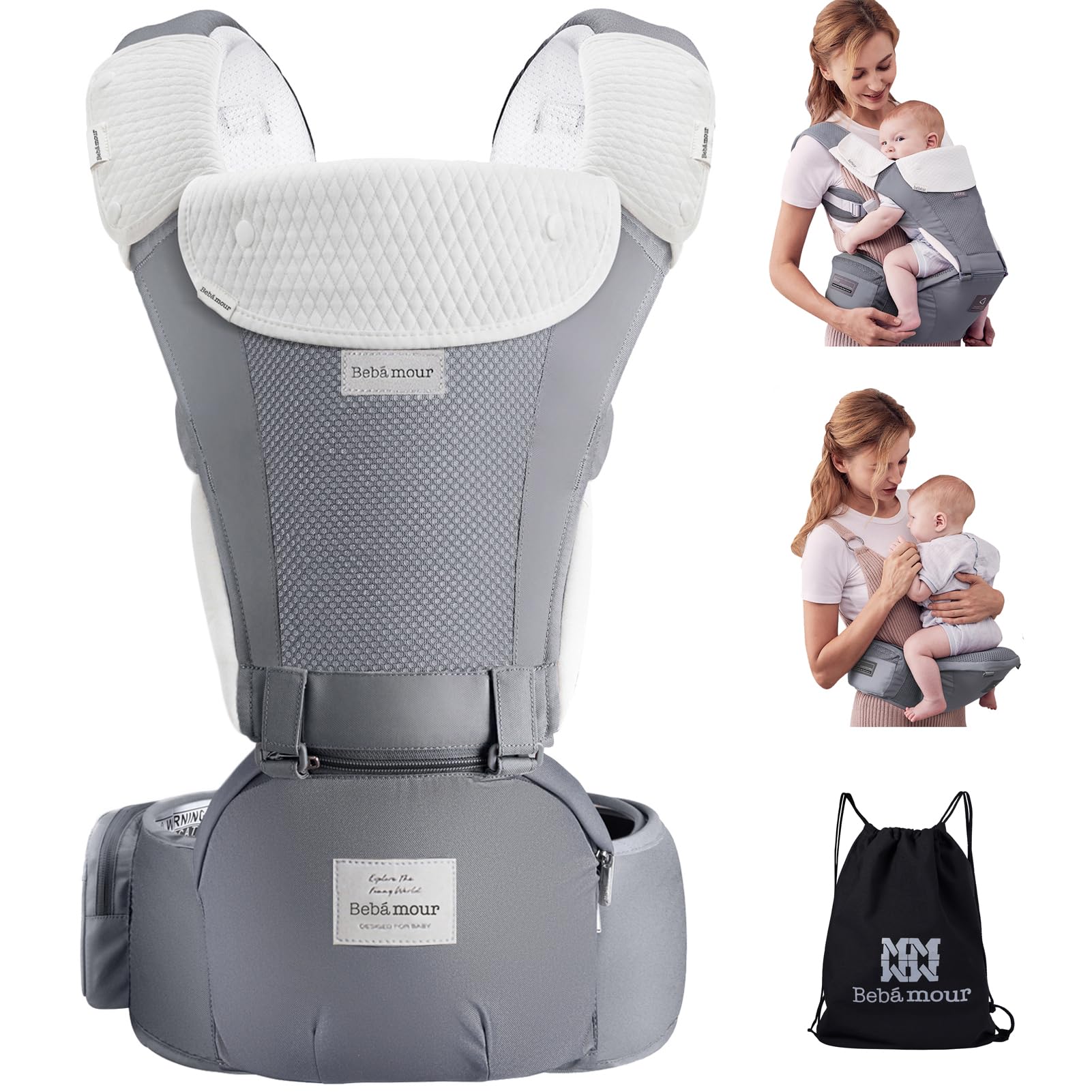 Bebamour Baby Carrier Newborn to Toddler Baby Carrier Hipseat 0-36Months with Head Hood, 3 PCS Teething Pads, Waist Extender, Grey