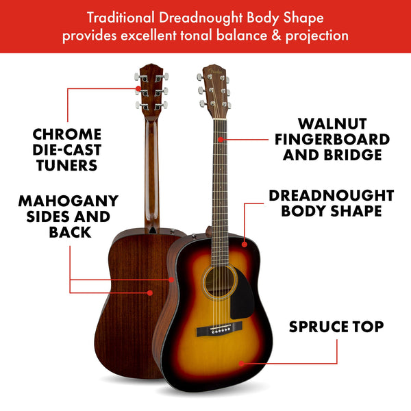 Fender CD-60 Dreadnought V3 DS Acoustic Guitar in Black with Walnut Fretboard, Great for Beginners, Comes with Free Virtual Lessons
