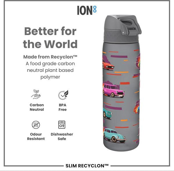 ION8 Water Bottle, 500ml/18oz, Slim Leak-proof & BPA-Free Drinking Bottle, Secure Lock Prevents Spills, Dishwasher Safe, Carry Handle, Ideal for Adults & Kids - Travel, Gym & School, Sport Cars Design